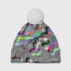 Шапка с помпоном Серая абстракция с цветными элементами, цвет: 3D-белый