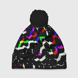 Шапка с помпоном Цветные угловатые фигуры на черном, цвет: 3D-черный