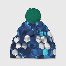 Шапка с помпоном Cyber hexagon Blue, цвет: 3D-зеленый