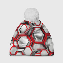 Шапка с помпоном Кибер Hexagon Красный, цвет: 3D-белый