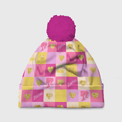 Шапка с помпоном Барби: желтые и розовые квадраты паттерн, цвет: 3D-малиновый