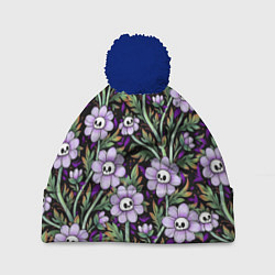 Шапка с помпоном Цветы с черепами, цвет: 3D-тёмно-синий