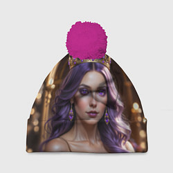 Шапка с помпоном Девушка с фиолетовыми волосами в короне, цвет: 3D-малиновый