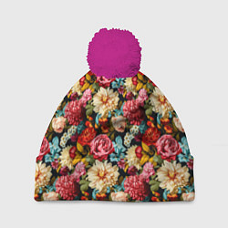 Шапка c помпоном Узор из роз и разных цветов