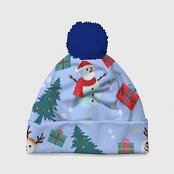 Шапка с помпоном Снеговики с новогодними подарками паттерн, цвет: 3D-тёмно-синий