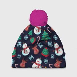 Шапка с помпоном Снеговички с рождественскими оленями и елками, цвет: 3D-малиновый