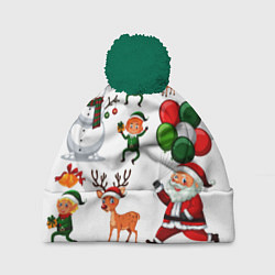 Шапка с помпоном Зимний праздник - деды морозы гномы олени, цвет: 3D-зеленый
