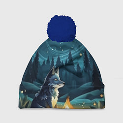 Шапка c помпоном Волк у костра в стиле фолк-арт