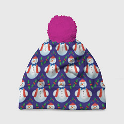 Шапка с помпоном Милые снеговики - зимний узор, цвет: 3D-малиновый