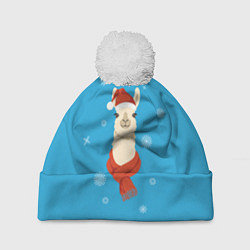 Шапка с помпоном Милая лама в красной шляпе и шарфе, цвет: 3D-белый