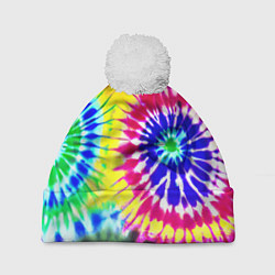 Шапка с помпоном Colorful floral composition - tie-dye, цвет: 3D-белый