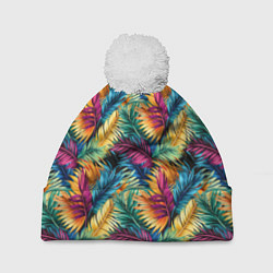 Шапка с помпоном Разноцветные пальмовые листья паттерн, цвет: 3D-белый