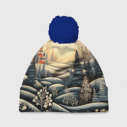 Шапка с помпоном Зимний предновогодний пейзаж, цвет: 3D-тёмно-синий
