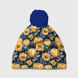 Шапка с помпоном Паттерн тыквы и цветы, цвет: 3D-тёмно-синий