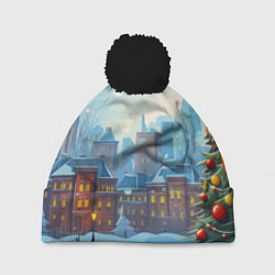 Шапка с помпоном Новогодний город, цвет: 3D-черный