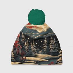 Шапка с помпоном Зимнее настроение новогодний рисунок, цвет: 3D-зеленый