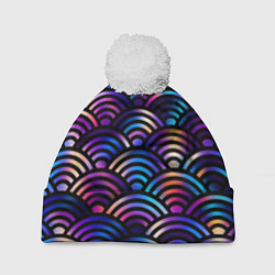 Шапка с помпоном Разноцветные волны-чешуйки, цвет: 3D-белый