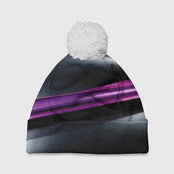 Шапка с помпоном Фиолетовые полосы на черном фоне, цвет: 3D-белый