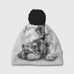 Шапка c помпоном Французский бульдог чб рисунок на стене