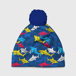 Шапка с помпоном Разноцветные акулы на глубине, цвет: 3D-тёмно-синий