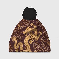 Шапка c помпоном Черно-золотая гравюра дракона
