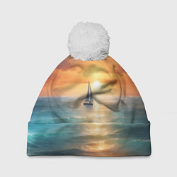 Шапка с помпоном Яхта на закате солнца, цвет: 3D-белый