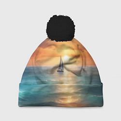 Шапка с помпоном Яхта на закате солнца, цвет: 3D-черный