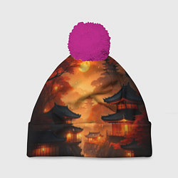 Шапка с помпоном Мрачная япония - пейзаж, цвет: 3D-малиновый