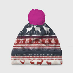 Шапка с помпоном Олени белые и красные свитер новогодний, цвет: 3D-малиновый