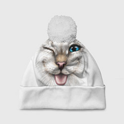 Шапка с помпоном Котёнок подмигивает и показывает язык, цвет: 3D-белый