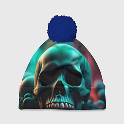 Шапка с помпоном Бирюзовый череп среди стеклянных шаров и боке, цвет: 3D-тёмно-синий