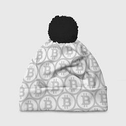 Шапка с помпоном Биткоин патерн на белом фоне, цвет: 3D-черный