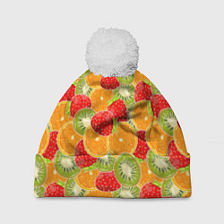 Шапка с помпоном Сочные фрукты и ягоды, цвет: 3D-белый