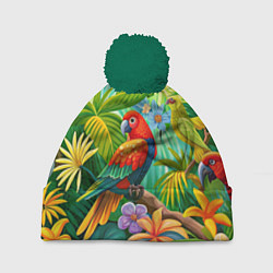 Шапка с помпоном Попугаи - экзотические птицы, цвет: 3D-зеленый