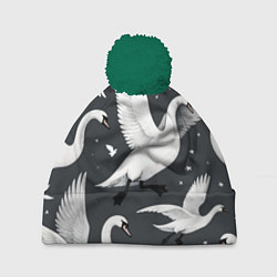 Шапка c помпоном Стая белых лебедей летящих в небе