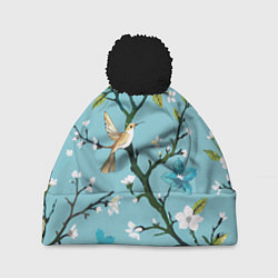 Шапка c помпоном Колибри ветка цветущего сада