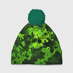 Шапка с помпоном Яркий неоновый зеленый камуфляж, цвет: 3D-зеленый