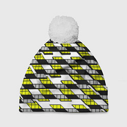 Шапка с помпоном Жёлтые треугольники и квадраты на белом фоне, цвет: 3D-белый