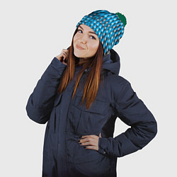 Шапка с помпоном Узор из треугольников синий, цвет: 3D-зеленый — фото 2