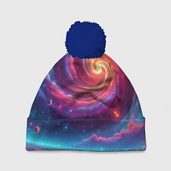 Шапка с помпоном Яркая неоновая галактика - нейросеть, цвет: 3D-тёмно-синий
