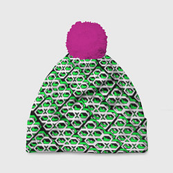 Шапка с помпоном Зелёно-белый узор на чёрном фоне, цвет: 3D-малиновый