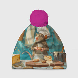 Шапка с помпоном Крыса шеф повар на кухне, цвет: 3D-малиновый