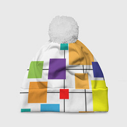 Шапка с помпоном Разноцветные квадраты паттерны, цвет: 3D-белый