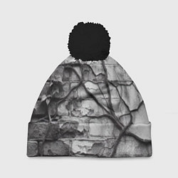 Шапка с помпоном Кирпичная стена с облупившейся штукатуркой и плющо, цвет: 3D-черный