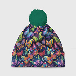 Шапка c помпоном Бабочки в паттерне разноцветный яркий фон