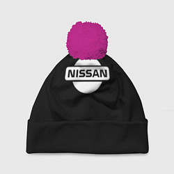 Шапка с помпоном Nissan logo white, цвет: 3D-малиновый