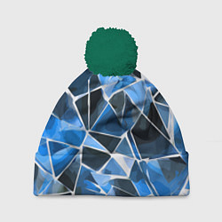 Шапка c помпоном Чёрно-синяя абстракция и белые полосы