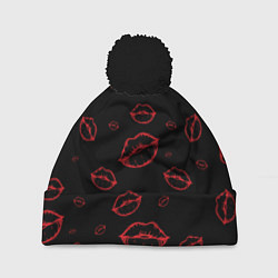 Шапка с помпоном Паттерн красные губы на черном - lips red, цвет: 3D-черный