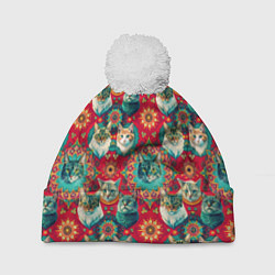 Шапка c помпоном Мандала с кошачьим орнаментом