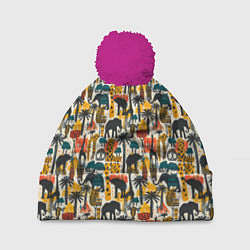 Шапка c помпоном Африка паттерн пальмы животные